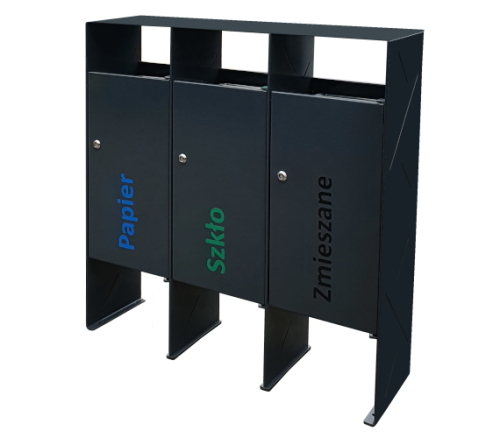 Czarny, potrójny miejski kosz do segregacji odpadów